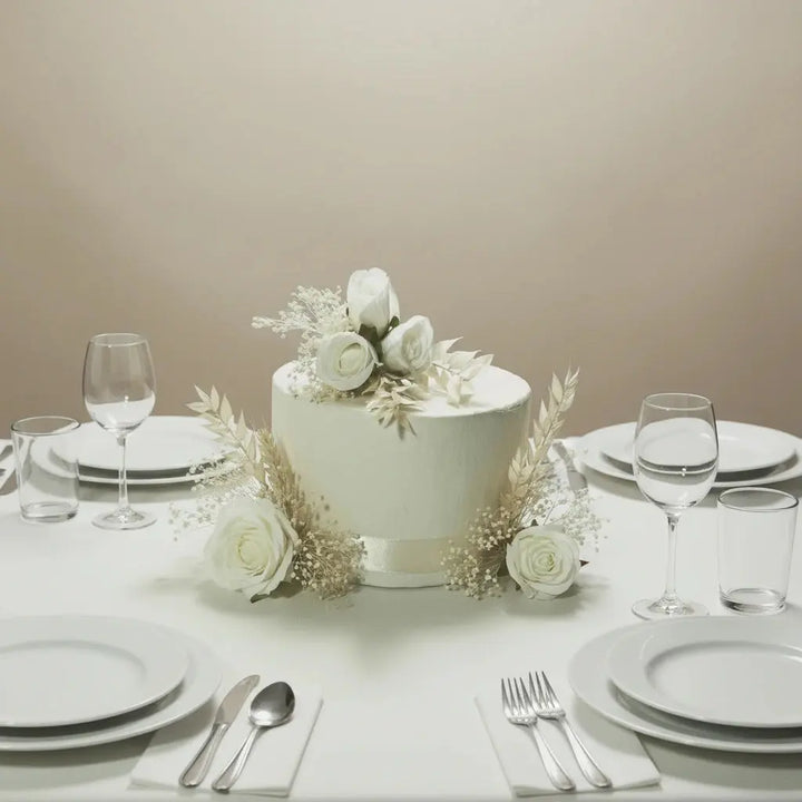 White cake with floral decorations on a light gray background