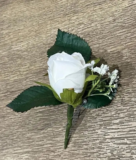 White Rose Boutonniere Buttonhole faux flowers Claire De Fleurs