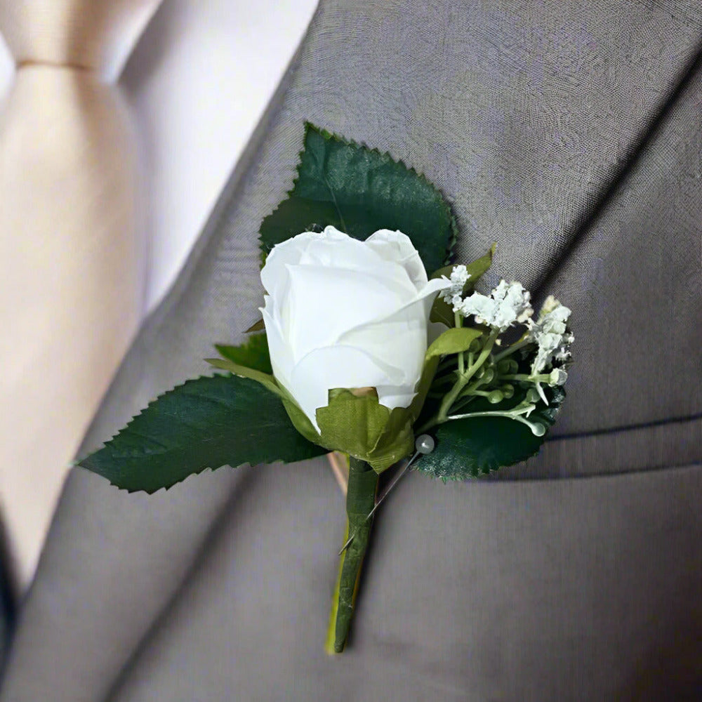 White Rose Boutonniere Buttonhole faux flowers Claire De Fleurs