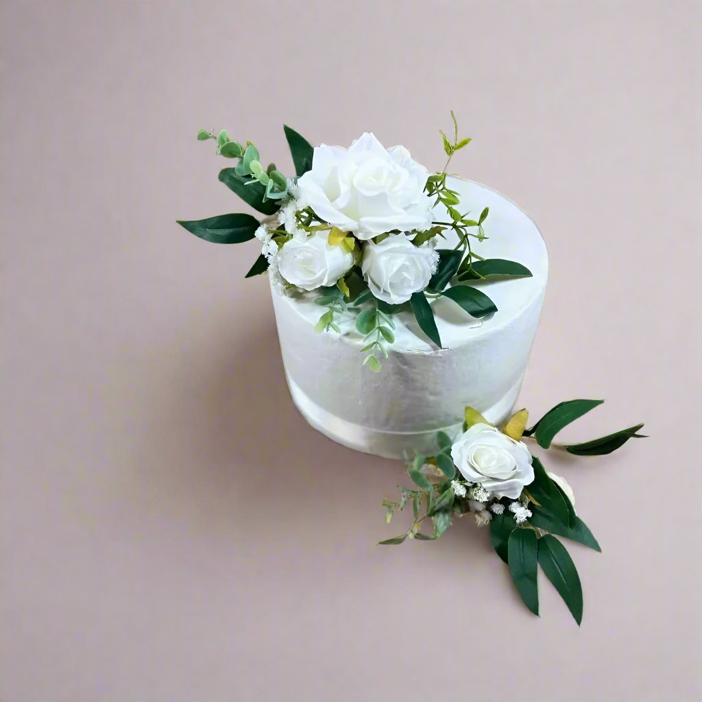 White Rose Cake Flowers Toppers - Artificial Silk Flowers For Wedding Anniversary Birthday Claire De Fleurs