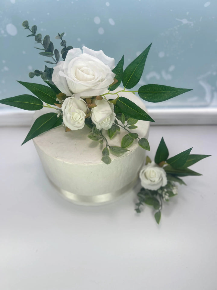 White Rose Cake Flowers Toppers - Artificial Silk Flowers For Wedding Anniversary Birthday Claire De Fleurs