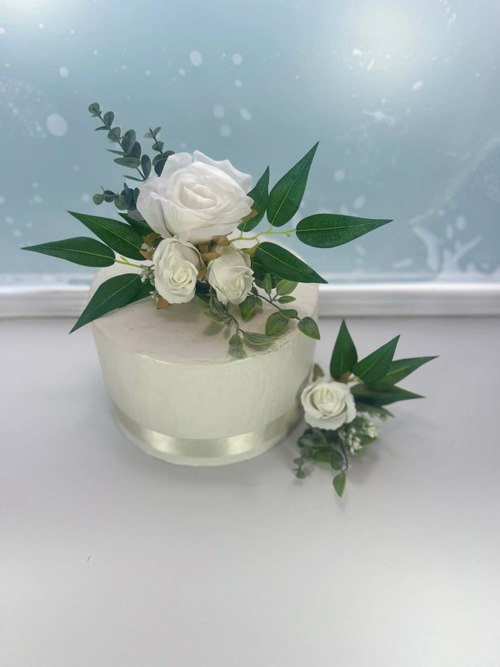 White Rose Cake Flowers Toppers - Artificial Silk Flowers For Wedding Anniversary Birthday Claire De Fleurs