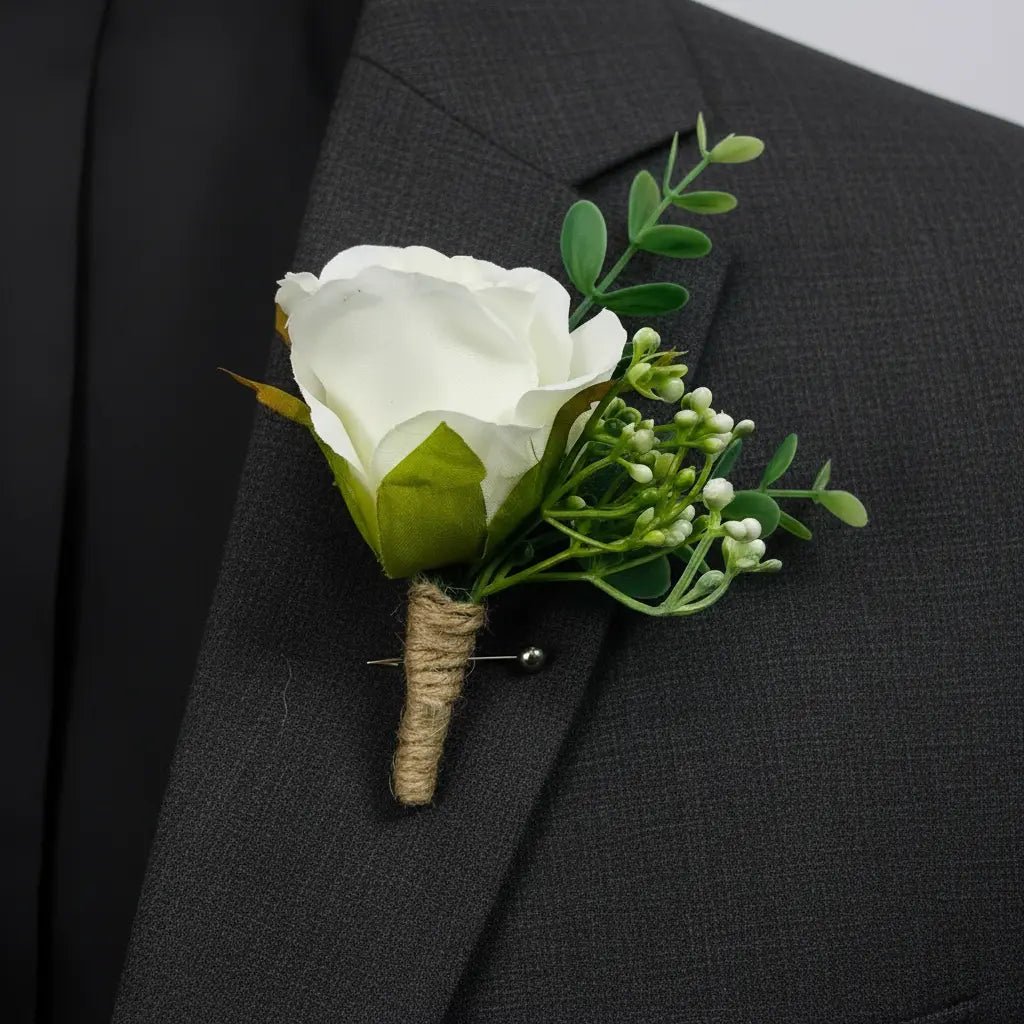 White Rose Groom Boutonniere: Jute Wrapped Greenery Buttonhole Claire De Fleurs