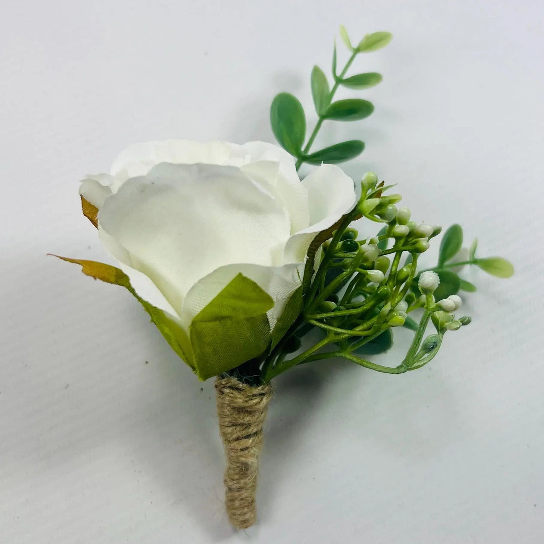 White Rose Groom Boutonniere: Jute Wrapped Greenery Buttonhole Claire De Fleurs