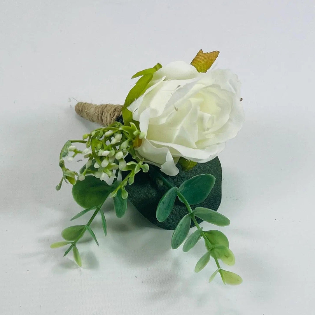 White Rose Groom Boutonniere: Jute Wrapped Greenery Buttonhole Claire De Fleurs