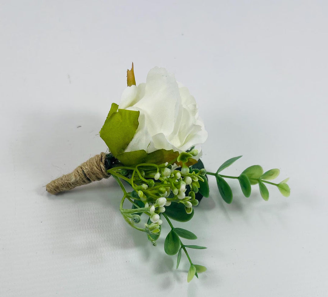 White Rose Groom Boutonniere: Jute Wrapped Greenery Buttonhole Claire De Fleurs