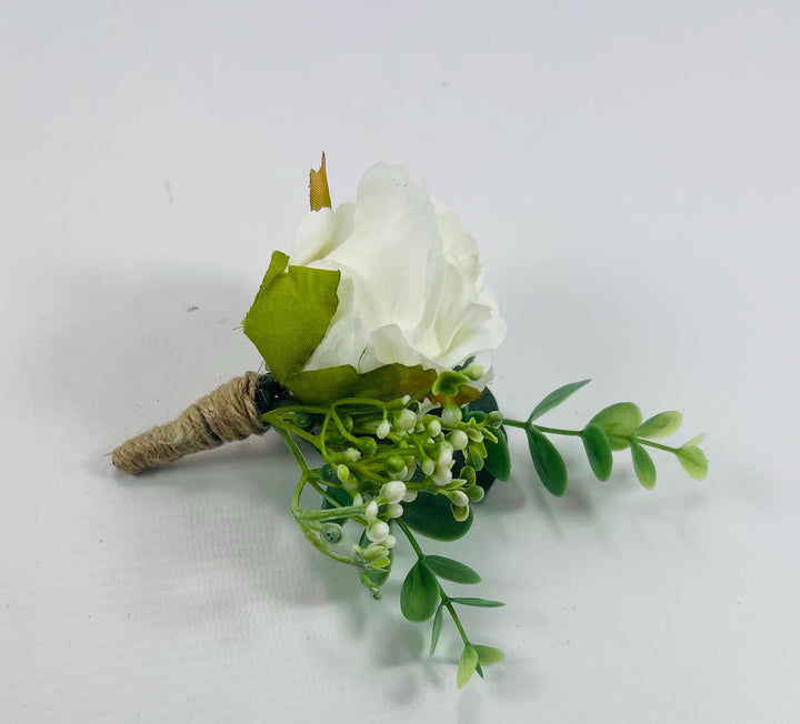 White Rose Groom Boutonniere: Jute Wrapped Greenery Buttonhole Claire De Fleurs