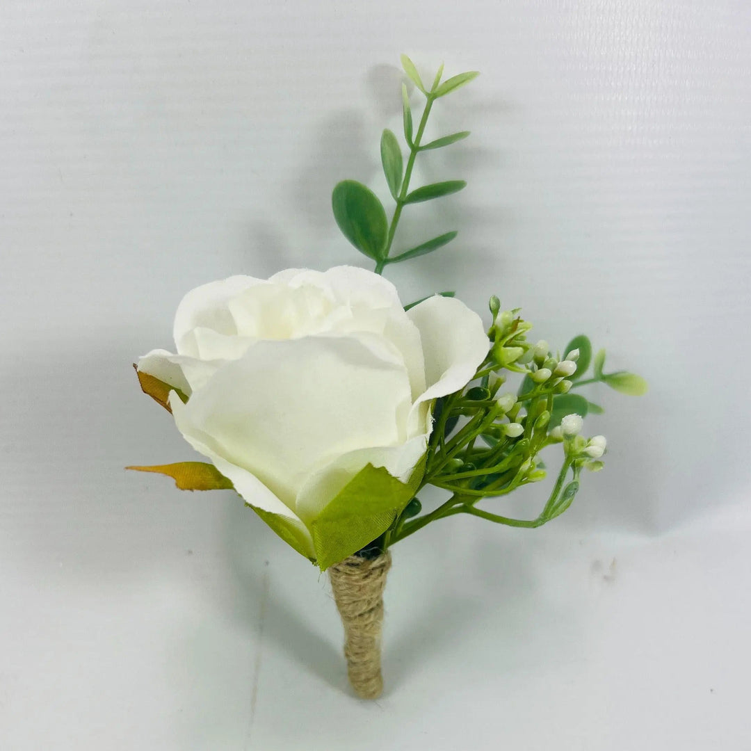 White Rose Groom Boutonniere: Jute Wrapped Greenery Buttonhole Claire De Fleurs