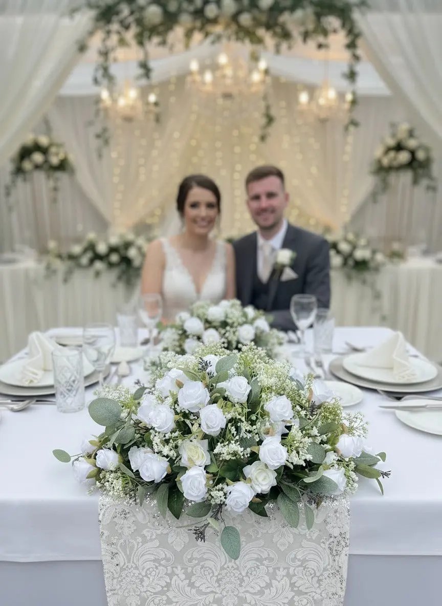 White Rose and Gyp Table Arrangement – 2ft Wedding Flowers Claire De Fleurs