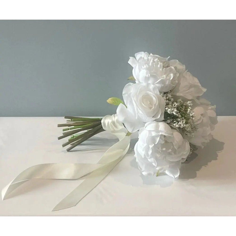 White Rose and Peony Artificial Silk Bridal Bouquet Claire De Fleurs