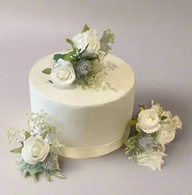 White Rose, Blue Thistle &amp; Broom Cake Flowers Claire De Fleurs