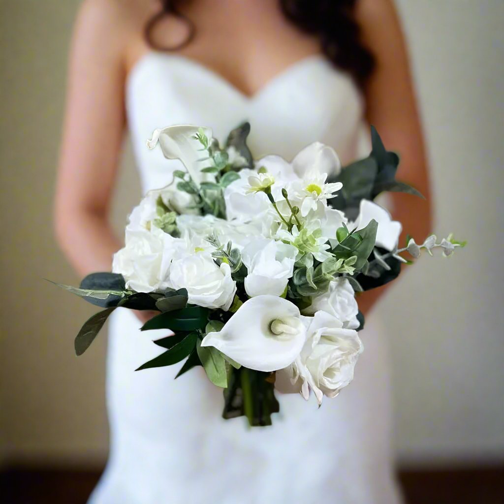 white lily wedding bouquet White Rose And Lily And Eucalyptus Bridal Bouquet – Claire De Fleurs
