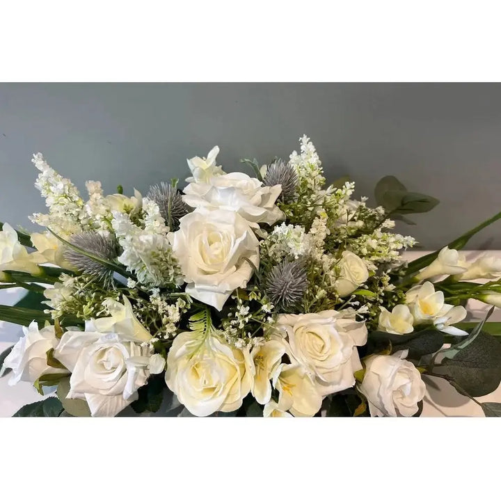 White/Ivory Blue Thistle Funeral Tribute Faux Flowers Claire De Fleurs