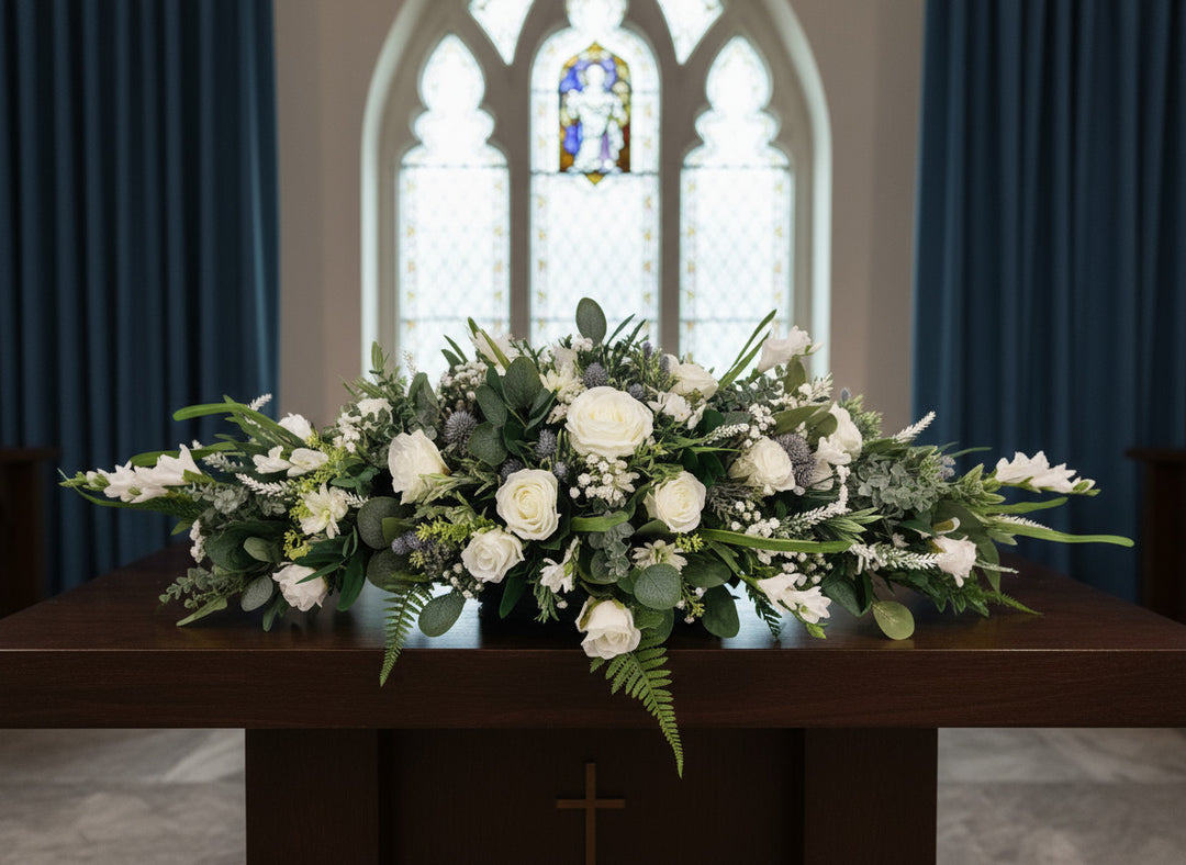 White and Blue Thistle Funeral Tribute Claire De Fleurs