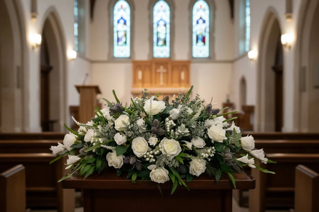 White and Blue Thistle Funeral Tribute Claire De Fleurs