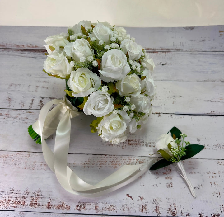 White and Ivory Rose Bridal Bouquet Claire De Fleurs