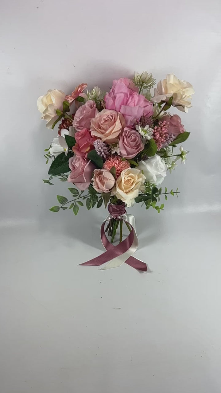 Pink White And Peach Rose And Peony Wedding Bouquet